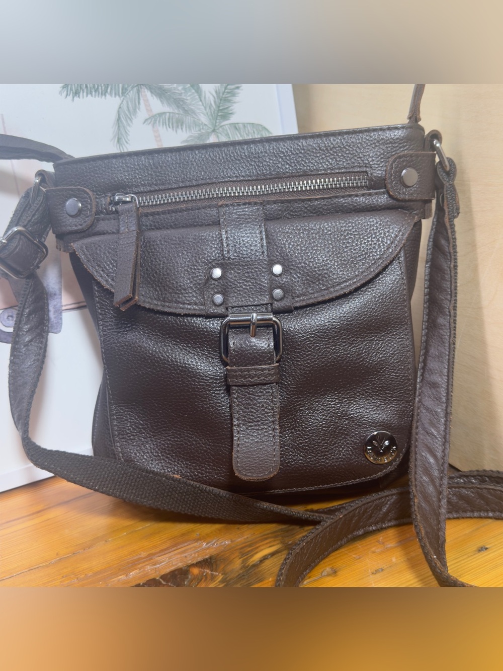 Leader buck Dark Brown Leather Messenger Bag with Front Buckle